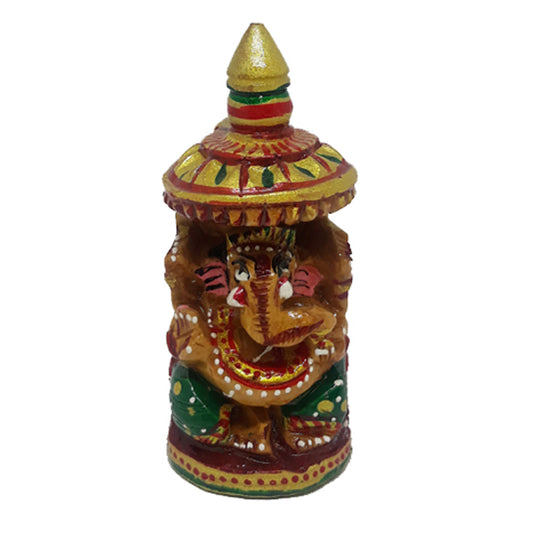 Ganesh: Wooden Seated Under Umbrella