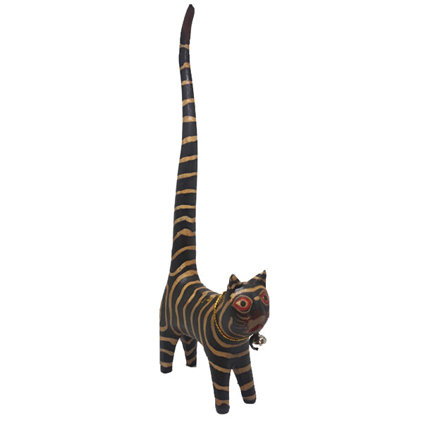 Cat: Wooden Long Tail Ring Holder - Black Striped
